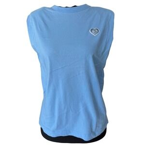 Sandro Light Blue Padded Shoulder Muscle Tee Heart Logo Patch Sleeveless‎ Top L